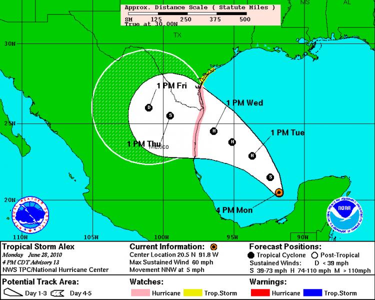 Tropical storm Alex depicted in a graphic, showing the expected progression throughout this week. (Courtesy of National Hurricane Center)