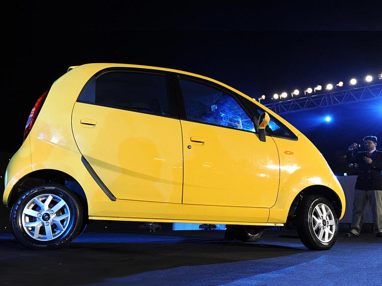 A Tata Nano car is seen during the vehicle's launch in Mumbai on March 23, 2009.    (Sajjad Hussain/AFP/Getty Images)