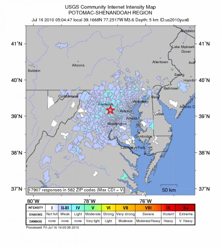 DC earthquake map: A map of the earthquake in Maryland and surrounding regions that hit July 16. Most reports about the quake came from central DC and were of a 'light' intensity rating with no damage reported. (Courtesy of USGS.gov)