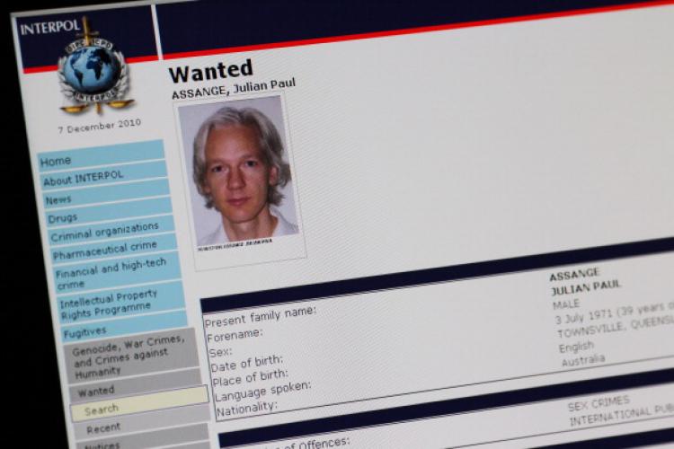 A picture shows the Interpol webpage with the portrait of Australian Julian Assange. (Thomas Coex/AFP/Getty Images)