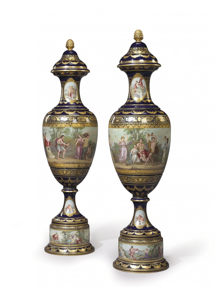 A pair of Vienna-style porcelain cobalt-blue ground vases and cover (valued at $120,000-$180,000) on view at Christie's on Oct. 15-19, ahead of auctions on Oct. 19 and 20.  (Courtesy of Christie's)