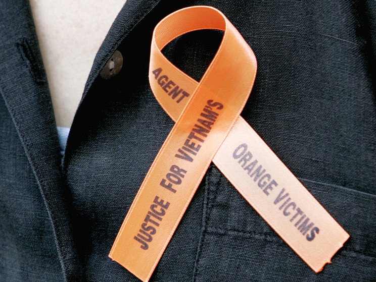 A ribbon worn by a protester supporting Agent Orange victims is seen outside of a New York court on June 18, 2007.