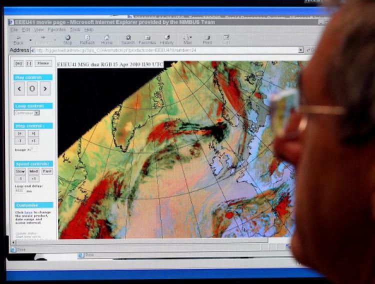 An Enchanced colour satellite image highlighting a volcanic ash plume moving towards the United Kingdom, cancelling all flights in and out of Britain's airports on April 15, 2010. (Matt Cardy/Getty Images)