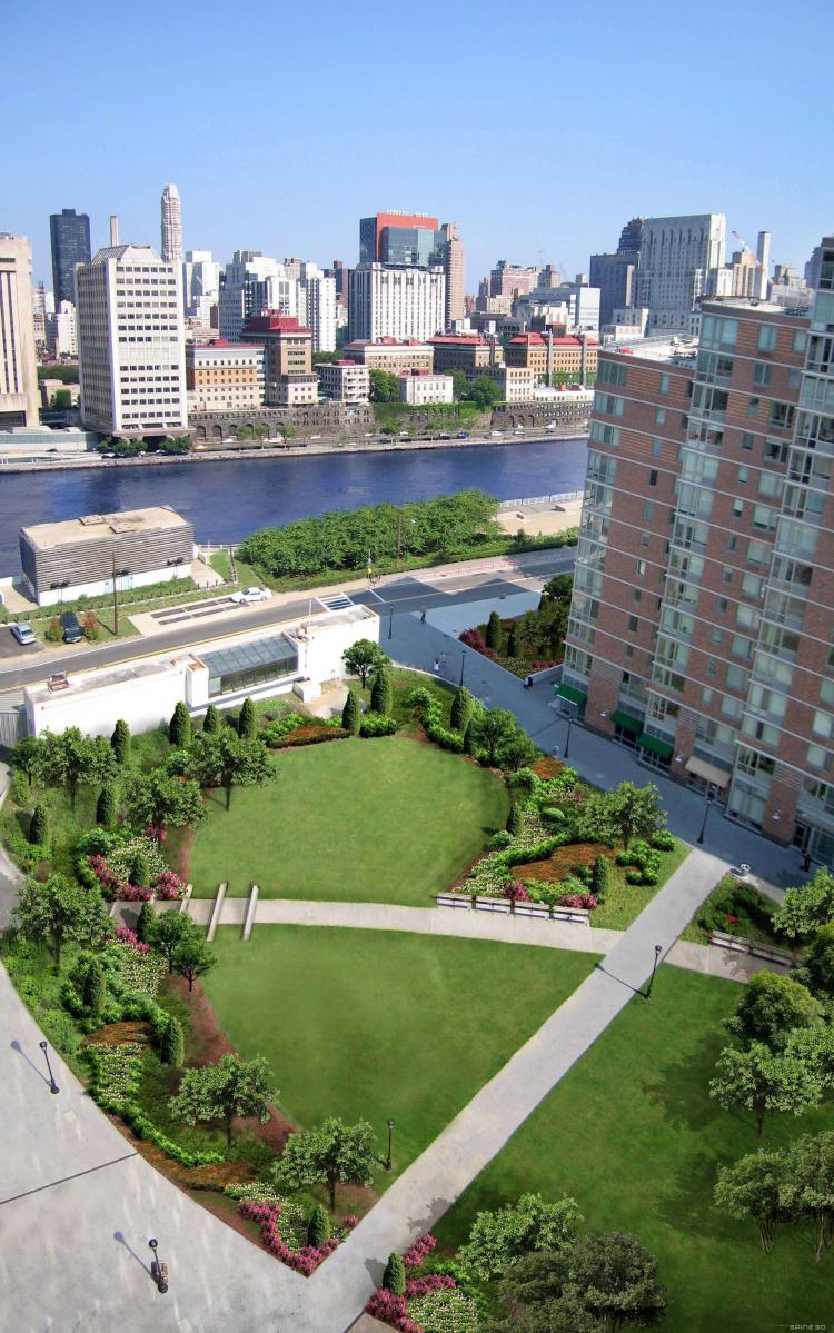 A rendering of Riverwalk Court and the Riverwalk Commons, which are currently under construction in Roosevelt Island, Manhattan.  Riverwalk Court is a 123-unit luxury condominium due to open spring of 2009.  ((Image courtesy of Riverwalk))