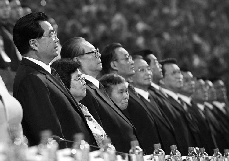 Jiang Zemin (third from left), former supreme leader of the Chinese Communist Party (CCP), flanked by other top regime leaders and their wives, at the opening of the 2008 Beijing Paralympic Games. The Chinese internet is abuzz with rumors of Jiang's death. (Liu Jin/AFP/Getty Images)