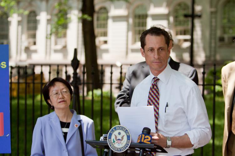 Rep. Anthony Weiner held a press conference on Herald Square on Sunday to raise concerns about excessive product packaging.  (Photo courtesy of Rep. Anthony Weiner)