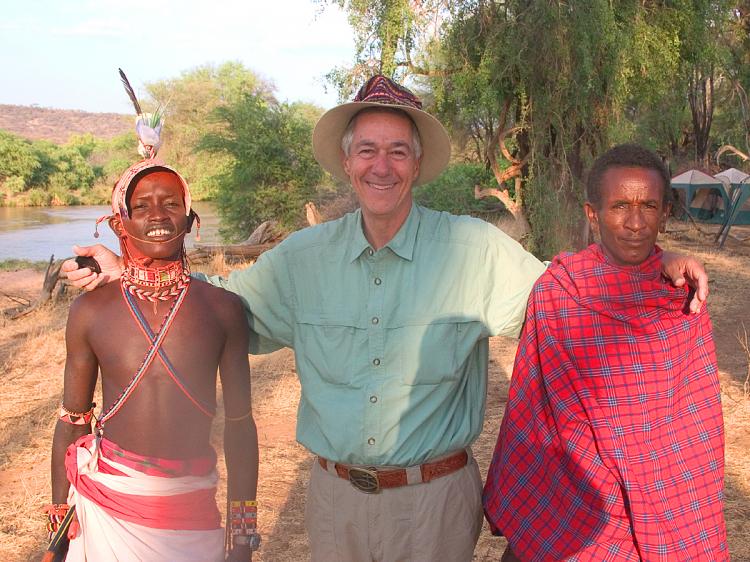 CONSUMATE TRAVELER: (L to R) Samburu Tribesman, Bill, Masai Guide at Samburu Park, Kenya. (Barbara Haljun)