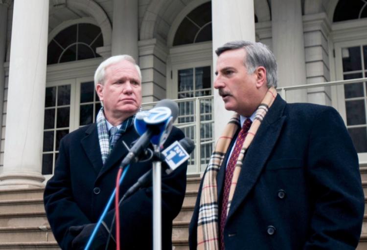 CHANCELLOR AUTHORITY: Assemblymen David Weprin (right) and Tony Avella talk about a new bill that would require City Council approval for the appointment of a schools chancellor.  (Courtesy of David Weprin)