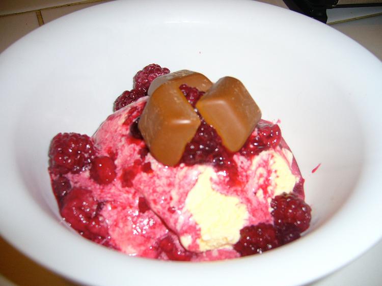 OLD-FASHIONED FAVOURITE: A vanilla ice cream sundae with warm berry sauce.  (Kathryn Shakespear/The Epoch Times)