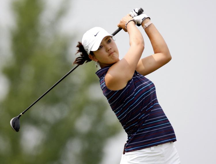 Michelle Wie watches her tee shot on the ninth hole during the third round of the State Farm Classic at Panther Creek Country Club on July 19, 2008 in Springfield, Illinois. (Gregory Shamus/Getty Images)