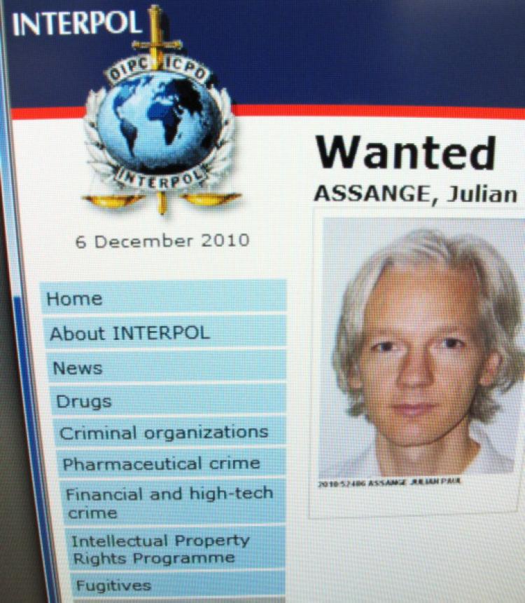 A detail from the Interpol website showing the appeal for the arrest of the editor-in-chief of the Wikileaks whistleblowing website, Julian Assange on December 6, 2010. (Getty Images)