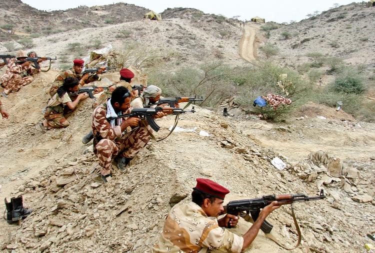 Yemeni soldiers take position in the northwest Saada Province where they are battling Shiite Huthi rebels on Feb. 10, 2010.  (-/AFP/Getty Images)