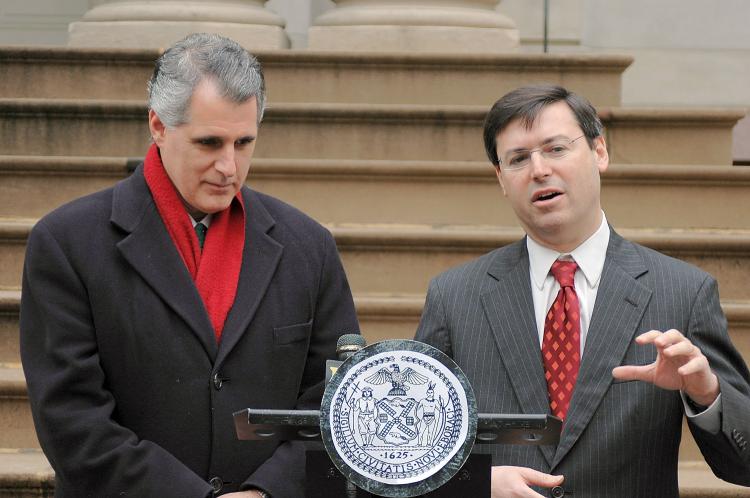 Council Members James Gennaro (L) and David Yassky introduced a new bill at City Hall on Tuesday that will give tax breaks to property owners for turning their rooftops into greener environments. (Jonathan Weeks/Epoch Times)