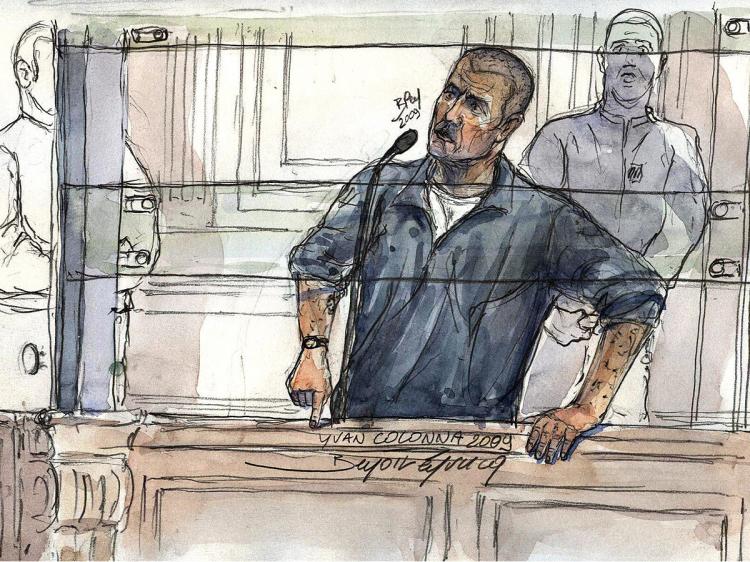 A court sketch made on February 10, 2009 at the Paris courthouse, shows French Yvan Colonna during the second day of his appeal's trial.   (Benoit Peyrucq/AFP/Getty Images)