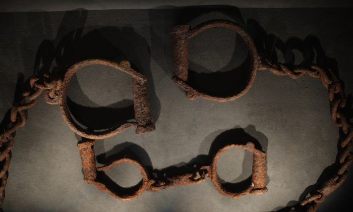 Shackles which were used to tether slaves on display at the International Slavery Museum in Liverpool, England, on Feb. 9, 2012. (Christopher Furlong/Getty Images)