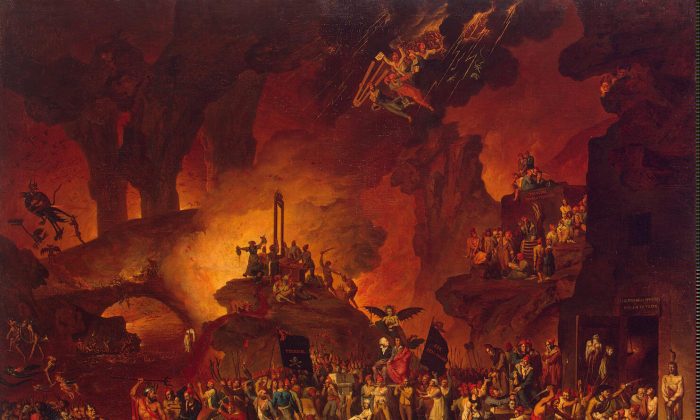 An 18th century painting presents the horrors of the French Revolution's Reign of Terror, which it depicts as a scene in Hell. (Nicolas-Antoine Taunay, "Le Triomphe de la Guillotine")