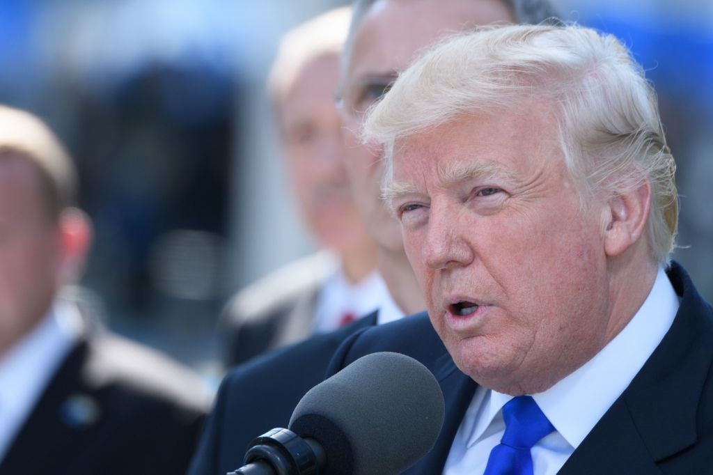 President Donald Trump delivers a speech during the unveiling ceremony of the new NATO headquarters in Brussels, on May 25, 2017. (CHRISTOPHE LICOPPE/AFP/Getty Images)