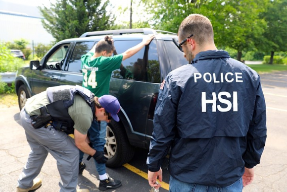 An alleged MS-13 gang member is arrested during Operation Matador, a 30-day gang sweep in New York. (Courtesy of ICE)