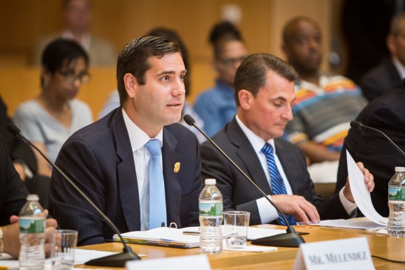 Suffolk County Police Commissioner Timothy Sini (L) at a congressional hearing on MS-13 gang violence in Central Islip, Long Island, N.Y., on June 20, 2017. (Benjamin Chasteen/The Epoch Times)