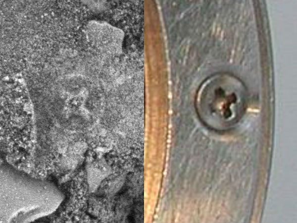 Left: "Celtic cross" found on Mars. (NASA) Right: Screw head from Opportunity's x-ray spectrometer. (NASA)