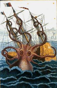 Pen and wash drawing by malacologist Pierre Dénys de Montfort, 1801, from the descriptions of French sailors reportedly attacked by such a creature off the coast of Angola. Was it a Kraken? (Public Domain) 