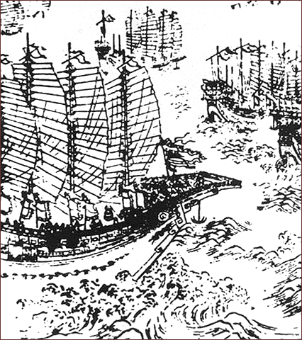 Woodblock print representing Zheng He's ships. (Public domain)