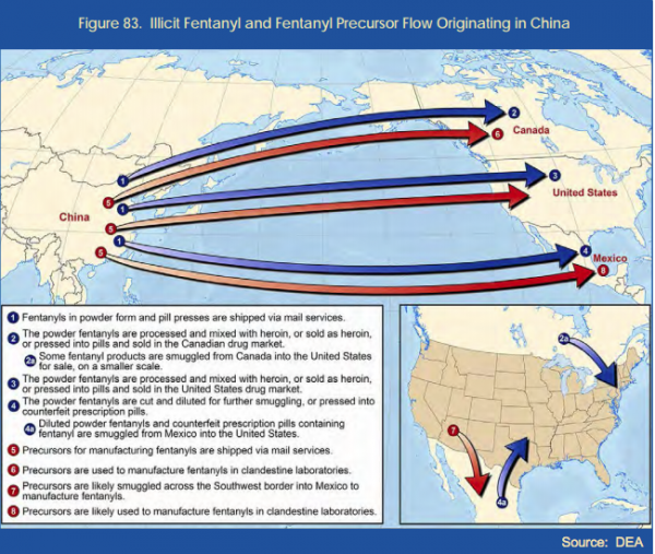 The Drug Enforcement Administration depicts the flow of illicit opioids from China into the United States in a recent report. (DEA)