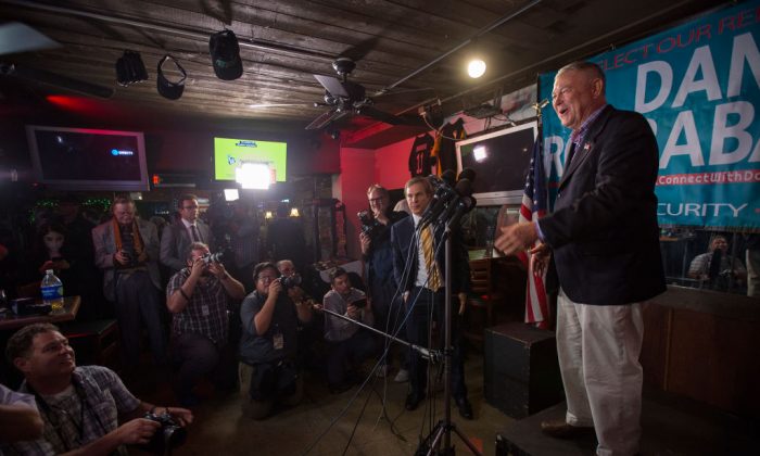 Longtime Rep. Dana Rohrabacher (R-Costa Mesa) talks to reporters on Election Night in Costa Mesa, Calif., on Nov. 6, 2018. (David McNew/Getty Images)