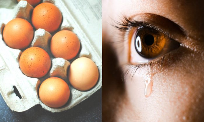 A teenager in England suffered excruciating pain after an egg she had cooked in the microwave exploded in her face, causing her to be blinded temporarily. L: Seven brown eggs on tray (Hello I'm Nik/Unsplash) R: close-up photo of human eye with tear drops. (Aliyah Jamous/Unsplash)