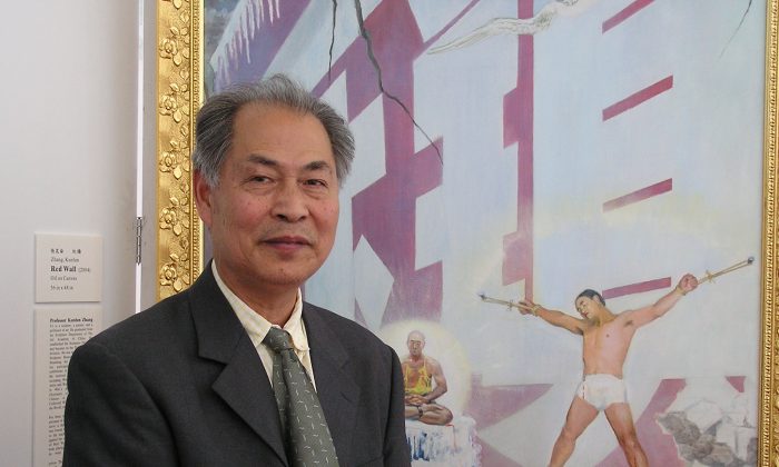 Artist and sculptor Kunlun Zhang is pictured standing in front of his Painting “Red Wall.” Zhang said the painting is a realistic portrait of some of the torture methods used on Falun Gong practitioners incarcerated in China's forced labour camps. (The Epoch Times)