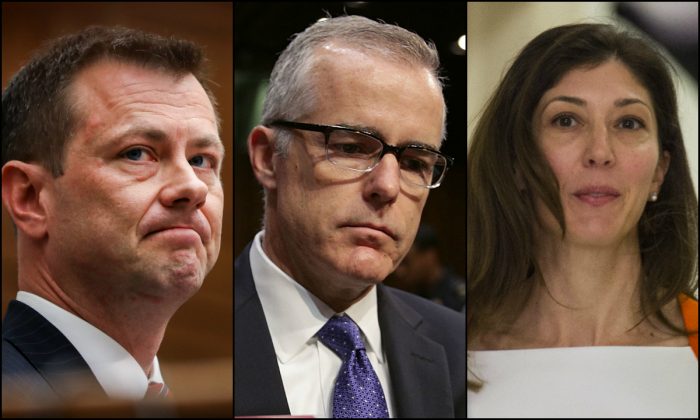 (L-R) FBI agent Peter Strzok, Deputy FBI Director Andrew McCabe, FBI lawyer Lisa Page. (Getty Images/Epoch Times)