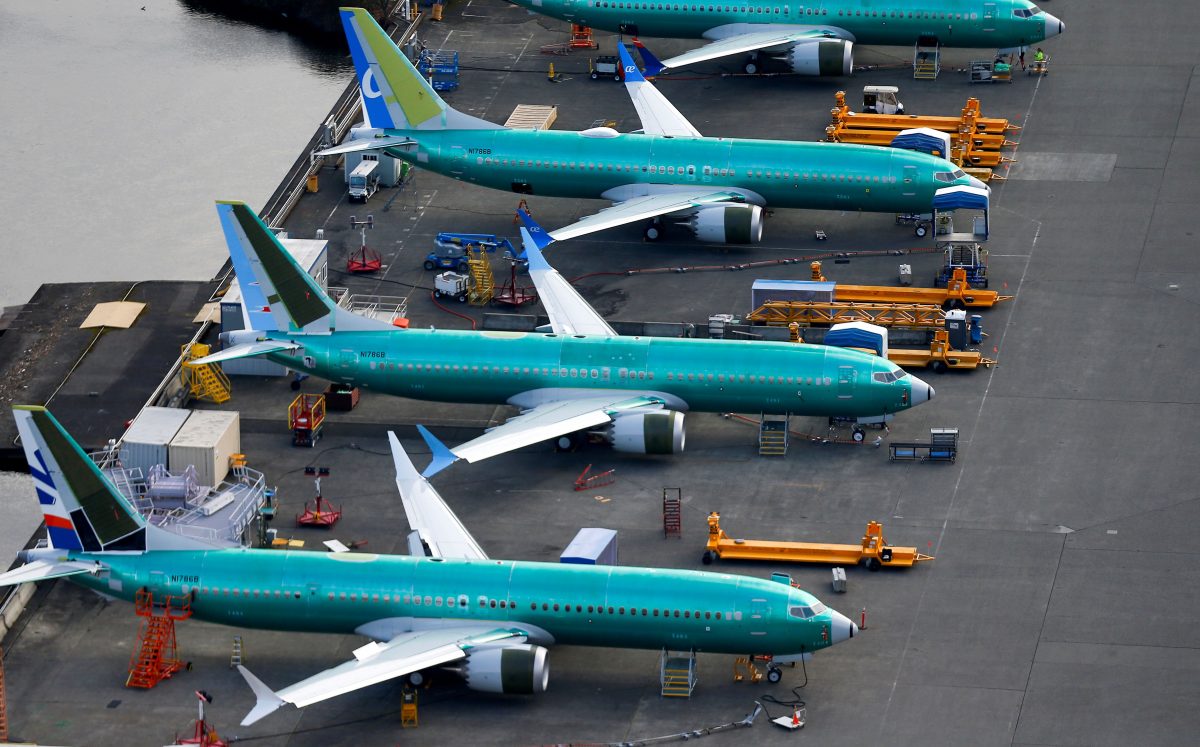 An aerial photo shows Boeing 737 MAX airplanes parked at the Boeing Factory in Renton, Washington