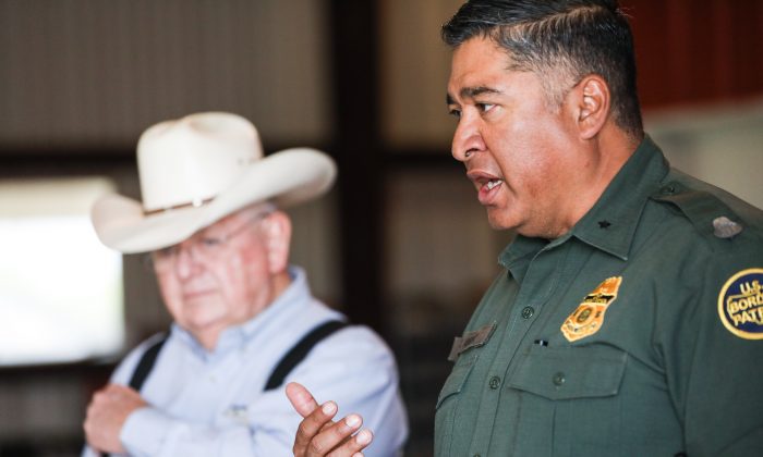 Deputy Chief Border Patrol agent for Rio Grande Valley Raul Ortiz (R) and Richard Guerra on the Guerra's La Anacua Ranch near Rio Grande City, Texas, on March 22, 2019. (Charlotte Cuthbertson/The Epoch Times)