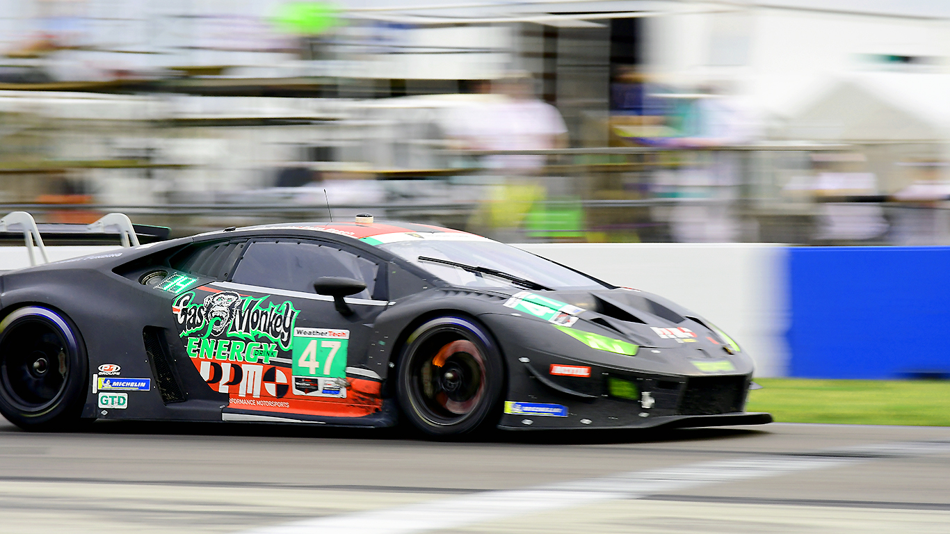 The #47 Precision Performance Motorsports Lamborghini lights up its brake rotors.