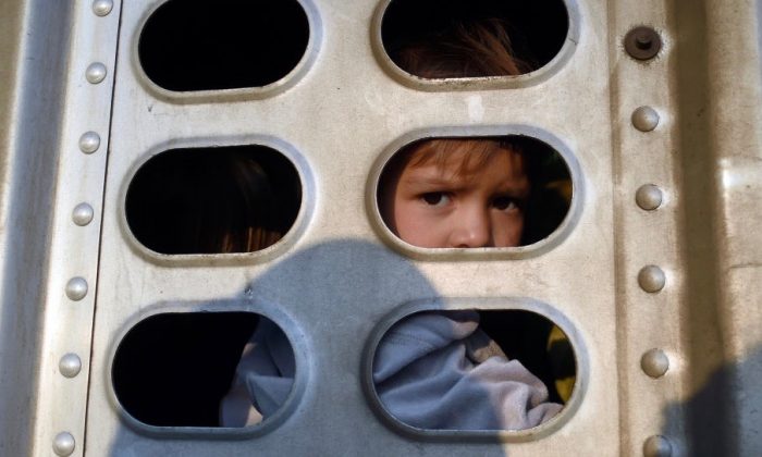 A girl taking part in a migrant caravan looks out from the trailer of a truck along the Irapuato-Guadalajara highway in the Mexican state of Guanajuato, on Nov. 12, 2018. (Alfredo Estrella/AFP/Getty Images)