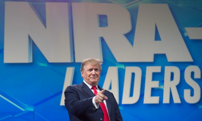 President Donald Trump arrives to speak during the National Rifle Association Annual Meeting at Lucas Oil Stadium in Indianapolis, Ind., on April 26, 2019. (Saul Loeb/AFP/Getty Images)