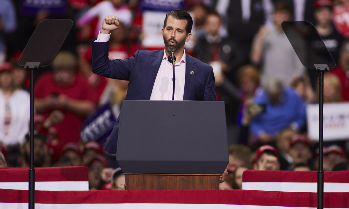 Donald Trump Jr. greets supporters of US President Donald Trump before he speaks at a Make America Great Again rally in Green Bay, Wis., on April 27, 2019. (Darren Hauck/Getty Images)