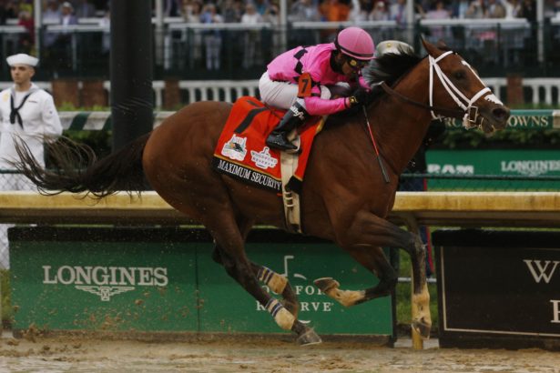 Maximum Security #7, ridden by jockey Luis Saez crosses the finish line during 145th running of the Kentucky Derby