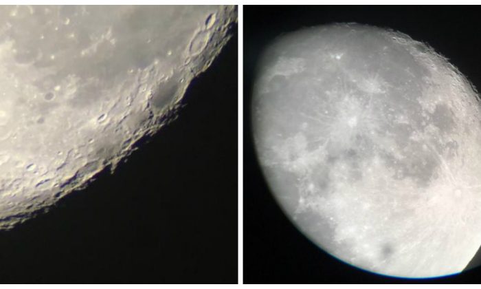 View of the moon through a telescope. (Melanie Sun/The Epoch Times)