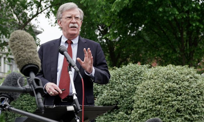 White House National Security Advisor John Bolton talks to reporters outside the West Wing on May 01, 2019 in Washington, DC. (Chip Somodevilla/Getty Images)