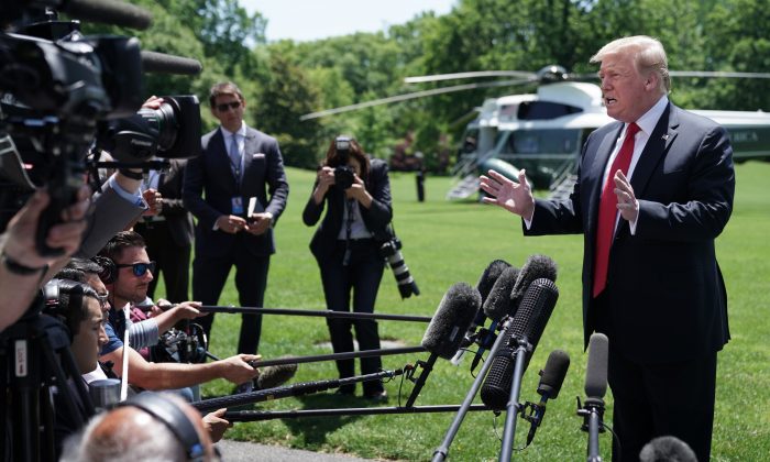 President Donald Trump talks to reporters while departing the White House May 24, 2019 in Washington. (Chip Somodevilla/Getty Images)