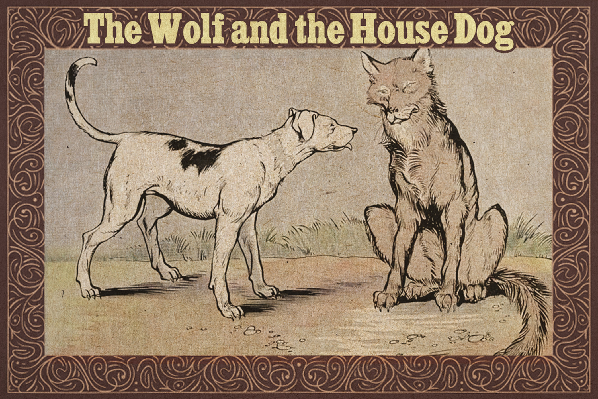 House Dog Tells Wolf to Leave the Woods and Live Like Him, Just Then Wolf Sees Dog's Chafed Neck
