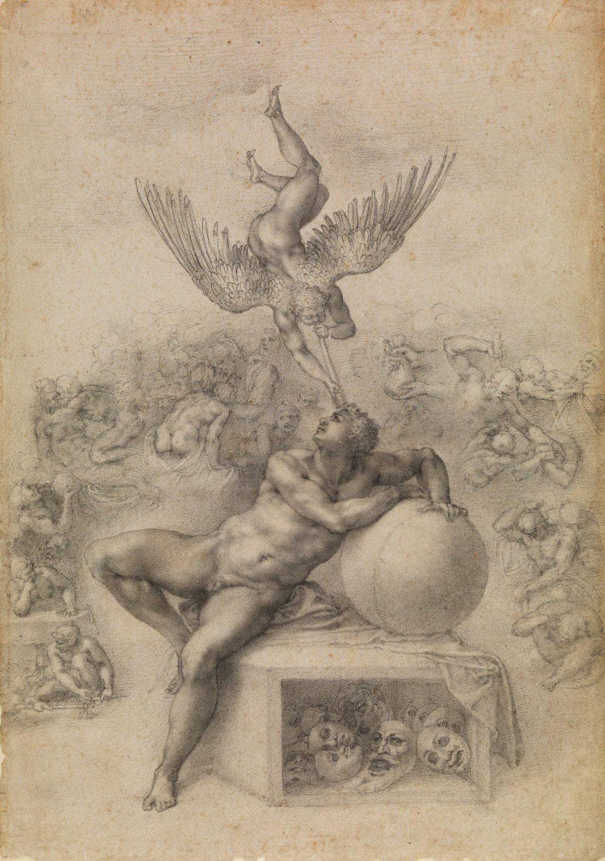“Il Sogno (The Dream),” circa 1530s, by Michelangelo Buonarroti (Italian, Caprese 1475–1564 Rome). Drawing, black chalk, sheet. 15 5/16 inches by 10 15/16 inches. (London, Courtauld Gallery, Prince Gate bequest)