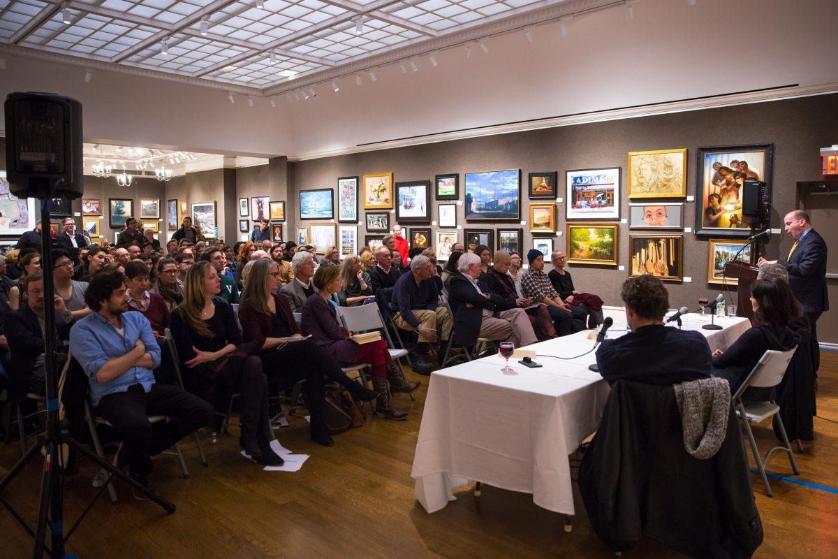 The first panel discussion of the "FAA Dialogues" series on "Traditional Versus Contemporary Perspectives in the Art World," with artists Jacob Collins, Alex Kanevsky, Alyssa Monks, and moderator Peter Trippi, at the Salmagundi Club in New York on Nov. 30, 2017. (Benjamin Chasteen/The Epoch Times)