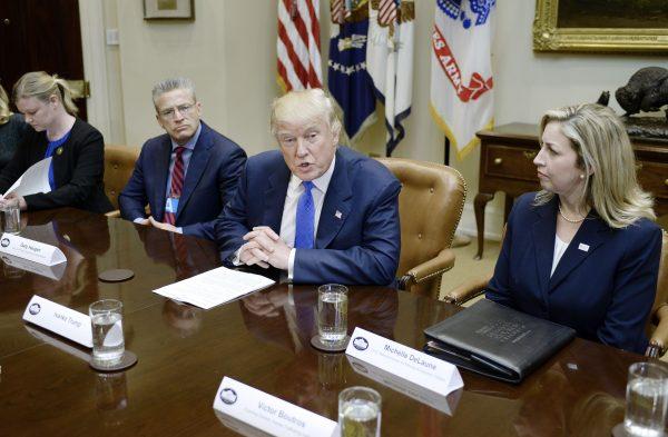 President Donald Trump speaks during a listening session on domestic and international human trafficking in the Roosevelt Room of the White House in Washington on Feb. 23, 2017. (Oliver Douliery/Pool-Getty Images)