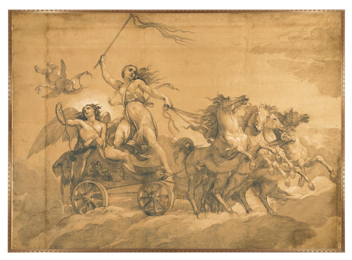 "<span class="s1">Folly Driving the Chariot of Love</span>," 1848, by Giuseppe Bezzuoli (1784–1855). Charcoal, gray wash, highlighted with white bodycolor, on four sheets of light brown paper, 135 3/4 inches by 189 1/2 inches. (Christie's)