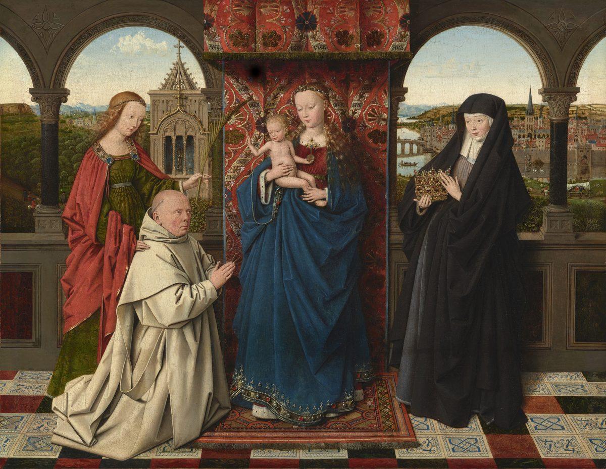 “The Virgin and Child with St. Barbara, St. Elizabeth, and Jan Vos,” circa 1441–43, by Jan van Eyck and Workshop. Oil on panel, 18 5/8 inches by 24 1/8 inches. The Frick Collection. (Michael Bodycomb)
