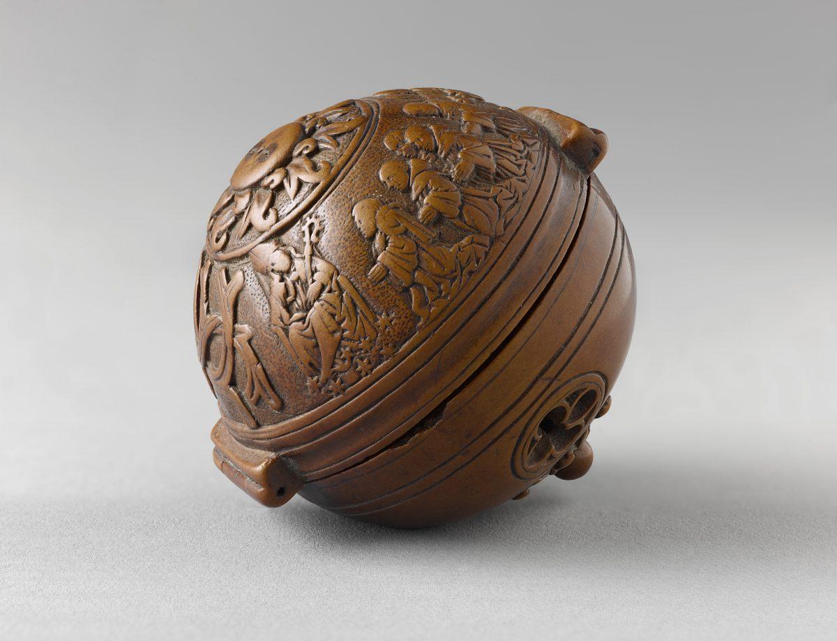 "Prayer nut for the Carthusian François du Puy,” circa 1517-21, by Adam Dircksz and Workshop.<br/>Boxwood, 1 7/8 inches in diameter. Private Collection. (The Frick Collection)