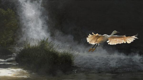 "Daybreak at River's Edge," 2019, by Jason Drake. Oil on linen; 27 inches by 48 inches. Recipient of the Animal Award (second place) at the “14th International ARC Salon (2019–2020).” (ARC)