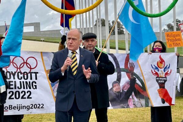 Tasmanian Liberal Senator Eric Abetz speaks during the “No Beijing 2022” rally outside Parliament House in Canberra, Australia, on June 23, 2021. (The Epoch Times)